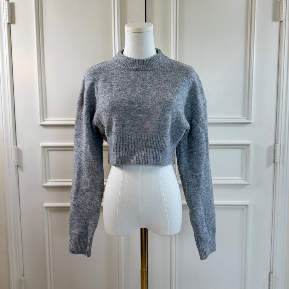 Zara Cropped Knit Sweater Women's S Gray Crew Neck Ribbed Trim Minimalist Wool